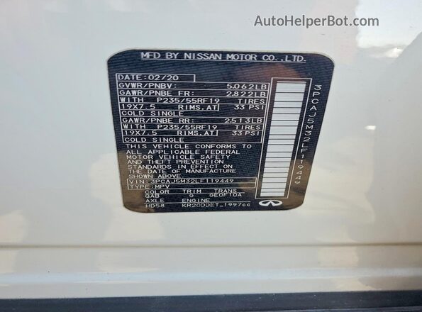 3PCAJ5M32LF119449 2020 INFINITI QX50 White Vista del compartimento del motor