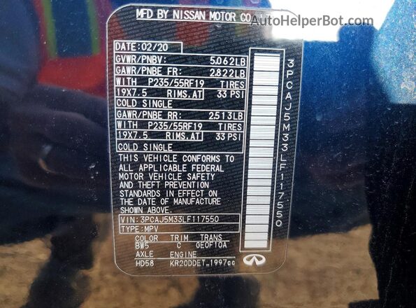 3PCAJ5M33LF117550 2020 INFINITI QX50 Blue Вид наклейки з VIN-кодом