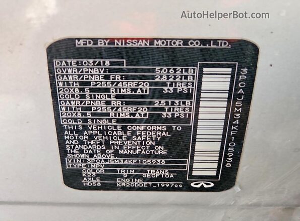 3PCAJ5M34KF105938 2019 INFINITI QX50 Silver Widok wnętrza 360 stopni