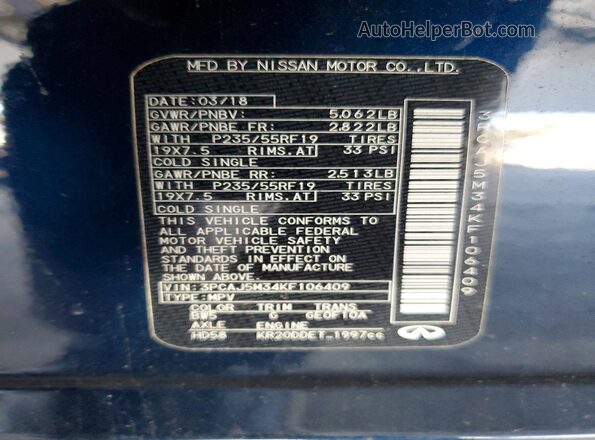 3PCAJ5M34KF106409 2019 INFINITI QX50 Blue Вид наклейки з VIN-кодом