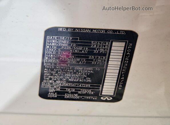 3PCAJ5M35KF147289 2019 INFINITI QX50 White Vista de la etiqueta del VIN