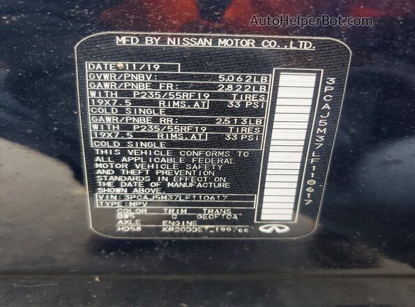 3PCAJ5M37LF110617 2020 INFINITI QX50 Синий Вид наклейки с VIN-кодом