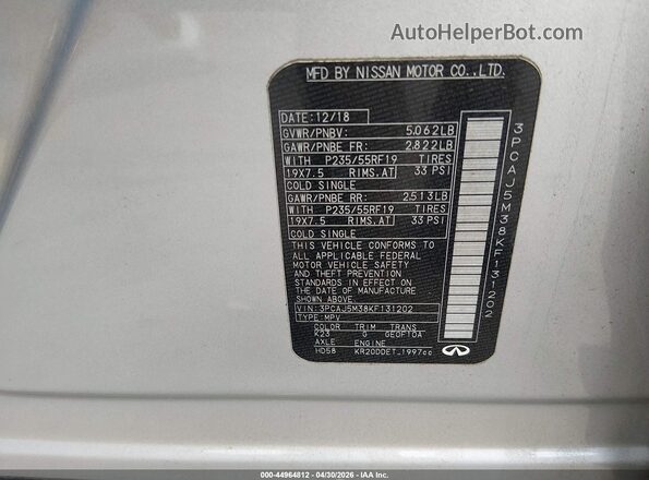 3PCAJ5M38KF131202 2019 INFINITI QX50 Silver Engine compartment view