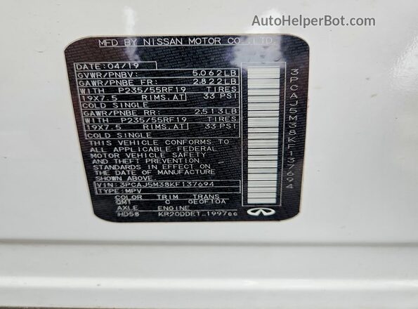 3PCAJ5M38KF137694 2019 INFINITI QX50 Белый Вид наклейки с VIN-кодом