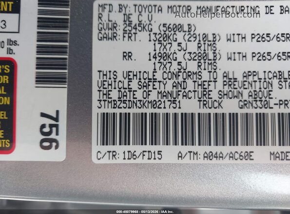 3TMBZ5DN3KM021751 2019 TOYOTA TACOMA Silver Vista del compartimento del motor