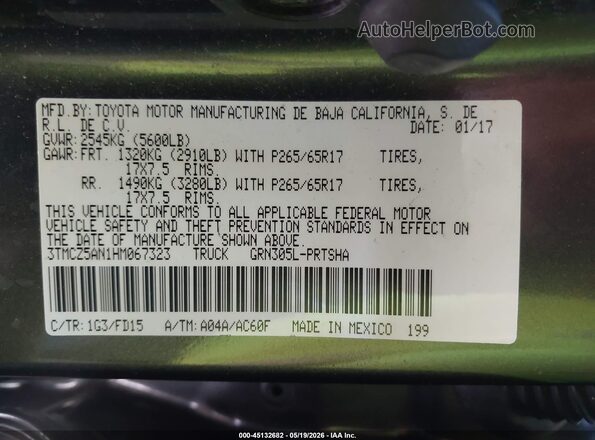 3TMCZ5AN1HM067323 2017 TOYOTA TACOMA Gray Շարժիչի բաժամունքի տեսք