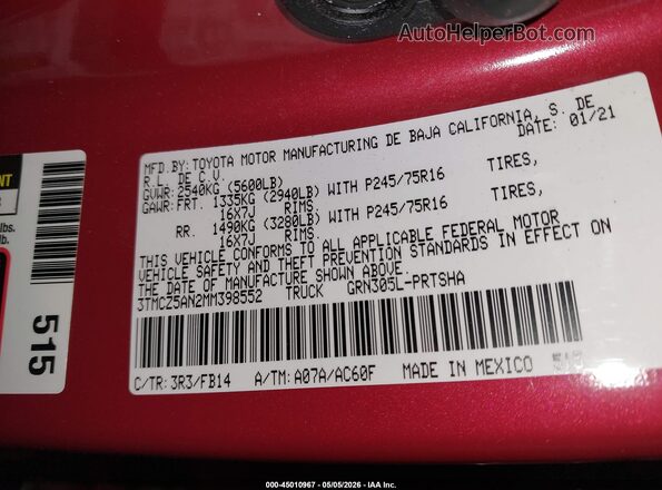 3TMCZ5AN2MM398552 2021 TOYOTA TACOMA Красный Вид подкапотного пространства