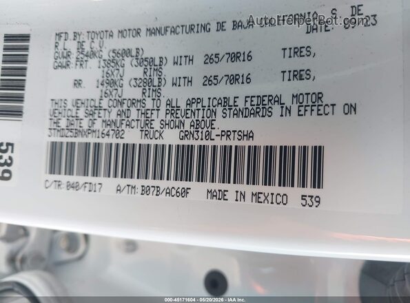3TMDZ5BNXPM164702 2023 TOYOTA TACOMA Белый Вид подкапотного пространства