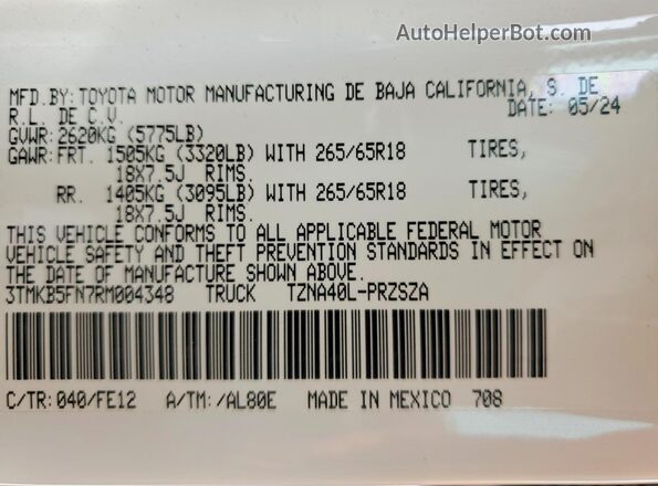 3TMKB5FN7RM004348 2024 TOYOTA TACOMA Белый Вид подкапотного пространства