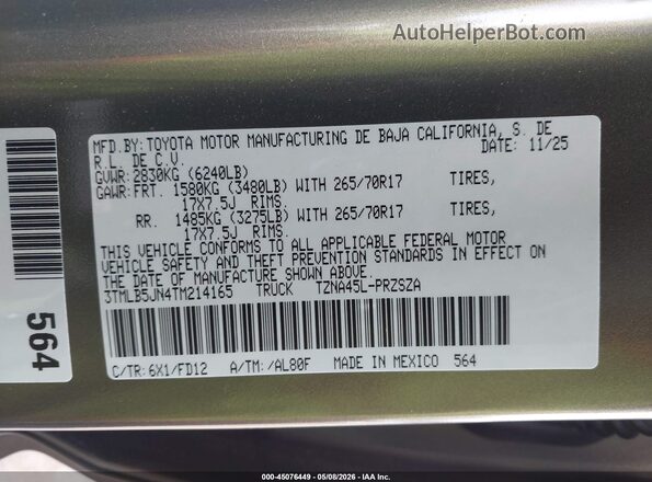 3TMLB5JN4TM214165 2026 TOYOTA TACOMA Зеленый Вид подкапотного пространства