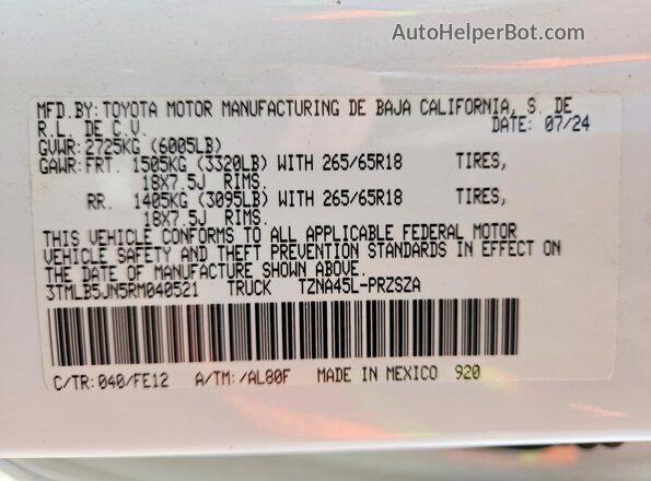 3TMLB5JN5RM040521 2024 TOYOTA TACOMA Белый Вид подкапотного пространства