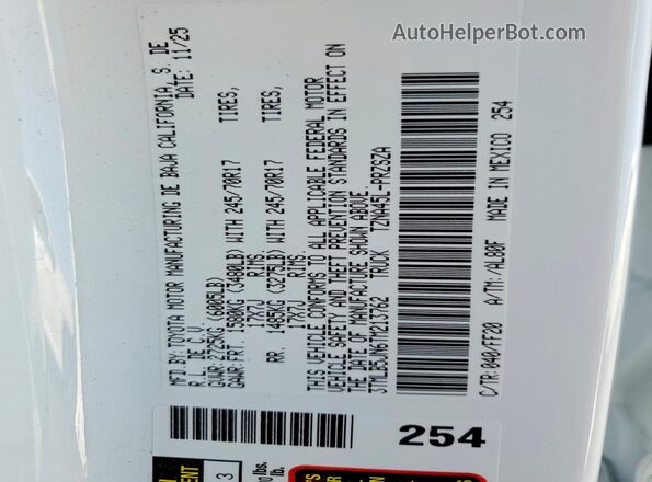 3TMLB5JN6TM213762 2026 TOYOTA TACOMA Белый Вид подкапотного пространства
