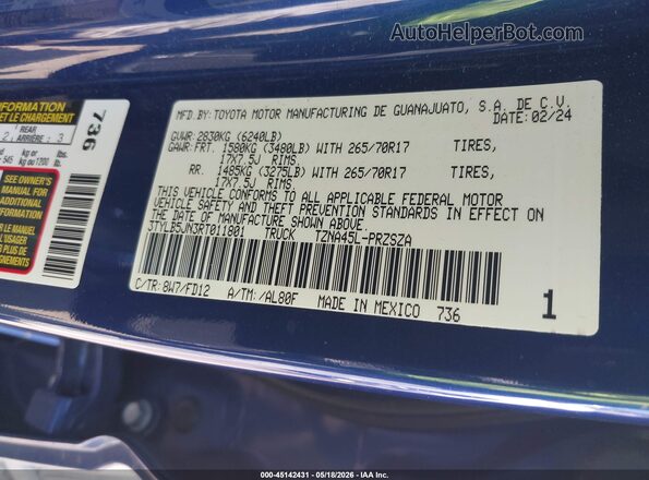 3TYLB5JN3RT011801 2024 TOYOTA TACOMA Blue Vista del compartimento del motor