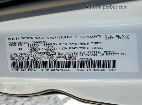 3TYRX5GN2PT086196 2023 TOYOTA TACOMA White Widok naklejki z numerem VIN