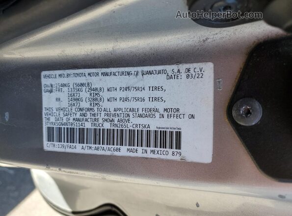 3TYRX5GN4NT051141 2022 TOYOTA TACOMA Серебряный Вид наклейки с VIN-кодом