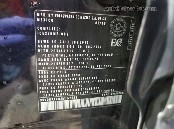 3VV0B7AX0JM157381 2018 VOLKSWAGEN TIGUAN Черный Вид наклейки с VIN-кодом