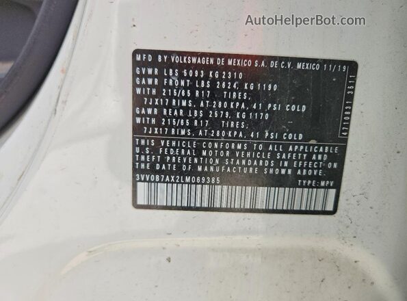 3VV0B7AX2LM069385 2020 VOLKSWAGEN TIGUAN White Vista interior de 360 grados