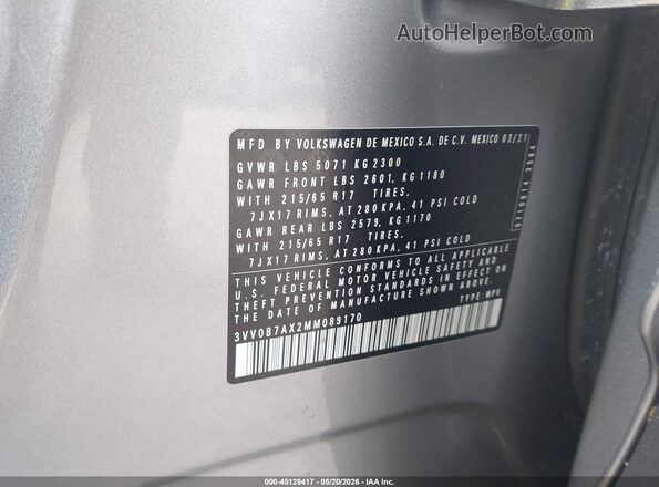 3VV0B7AX2MM089170 2021 VOLKSWAGEN TIGUAN Silver Շարժիչի բաժամունքի տեսք
