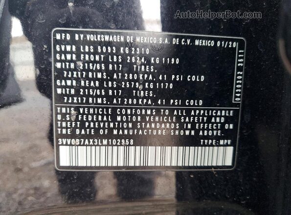 3VV0B7AX3LM102958 2020 VOLKSWAGEN TIGUAN Black Vista de la etiqueta del VIN