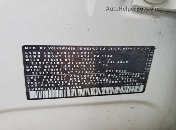 3VV0B7AX3LM107058 2020 VOLKSWAGEN TIGUAN Белый Вид наклейки с VIN-кодом