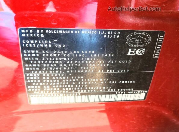 3VV0B7AX3LM123227 2020 VOLKSWAGEN TIGUAN Red Vista de la etiqueta del VIN