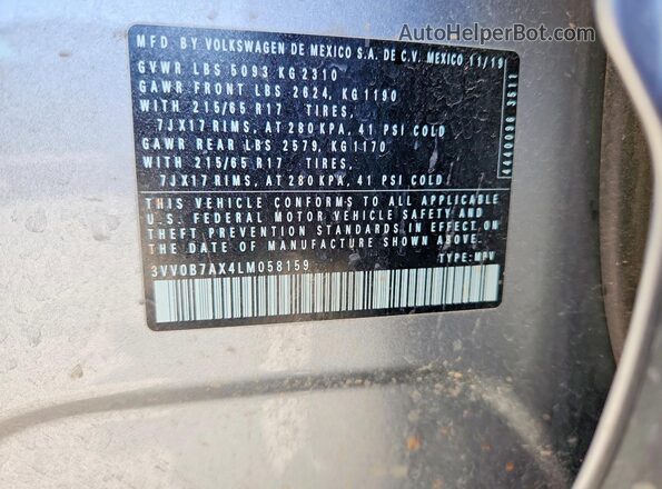 3VV0B7AX4LM058159 2020 VOLKSWAGEN TIGUAN Silver Вид наклейки з VIN-кодом
