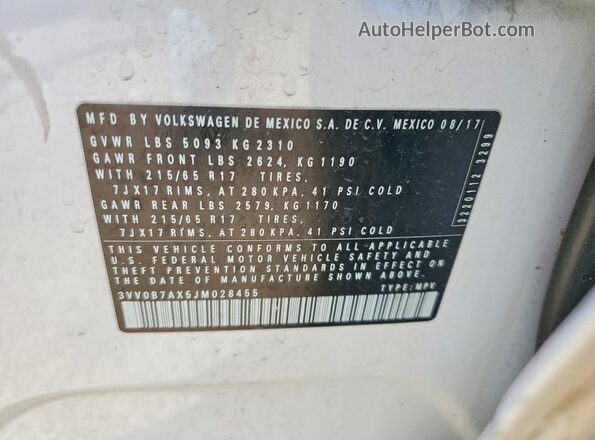3VV0B7AX5JM028455 2018 VOLKSWAGEN TIGUAN White Вид наклейки з VIN-кодом