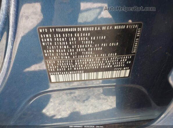 3VV0B7AX5LM092353 2020 VOLKSWAGEN TIGUAN Blue ძრავის განყოფილების ხედი