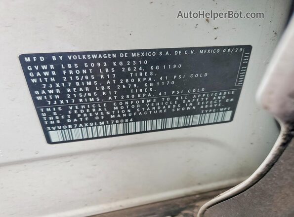 3VV0B7AX8LM176084 2020 VOLKSWAGEN TIGUAN Белый Вид наклейки с VIN-кодом