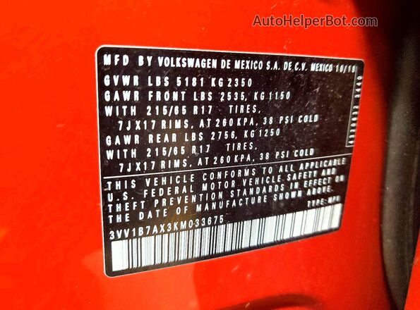 3VV1B7AX3KM033675 2019 VOLKSWAGEN TIGUAN Orange Vista de la etiqueta del VIN