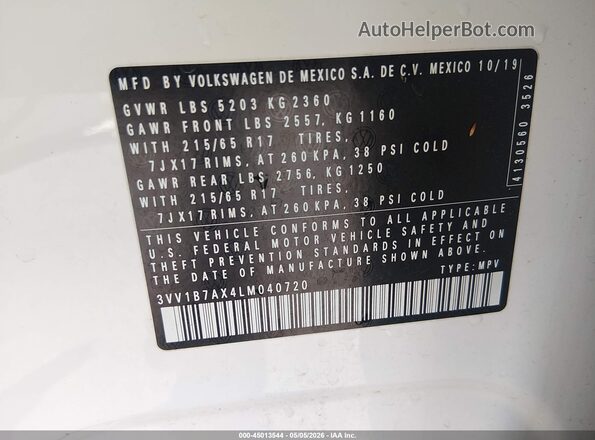 3VV1B7AX4LM040720 2020 VOLKSWAGEN TIGUAN Белый Вид подкапотного пространства