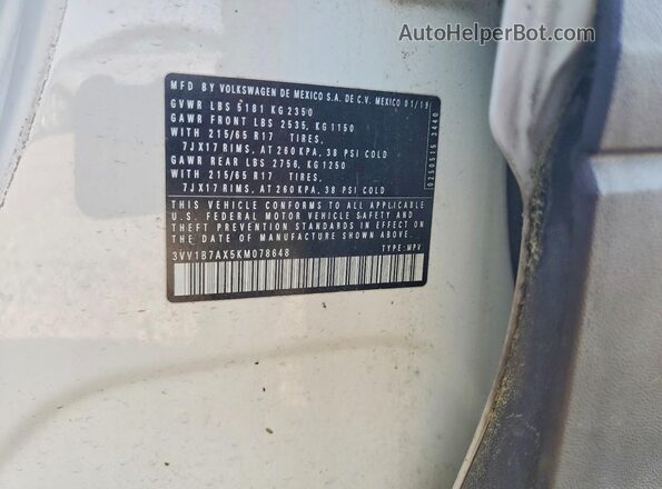 3VV1B7AX5KM078648 2019 VOLKSWAGEN TIGUAN Белый Панорамный вид салона 360°