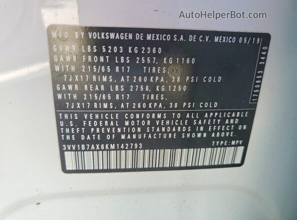 3VV1B7AX6KM142793 2019 VOLKSWAGEN TIGUAN White Widok naklejki z numerem VIN