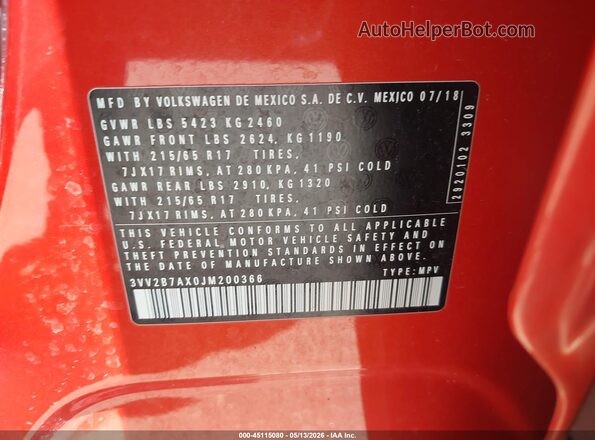 3VV2B7AX0JM200366 2018 VOLKSWAGEN TIGUAN Orange Vista del compartimento del motor