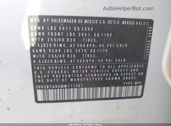 3VV2B7AX0MM111367 2021 VOLKSWAGEN TIGUAN White Widok komory silnika