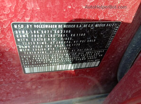 3VV2B7AX0MM123003 2021 VOLKSWAGEN TIGUAN Красный Вид подкапотного пространства