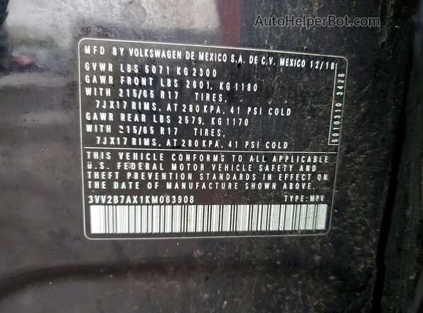 3VV2B7AX1KM063908 2019 VOLKSWAGEN TIGUAN Black VIN sticker view