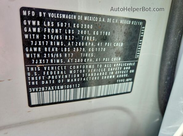 3VV2B7AX1KM106112 2019 VOLKSWAGEN TIGUAN White Вид наклейки з VIN-кодом