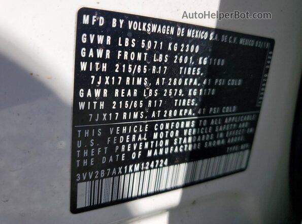 3VV2B7AX1KM124724 2019 VOLKSWAGEN TIGUAN Белый Панорамный вид салона 360°