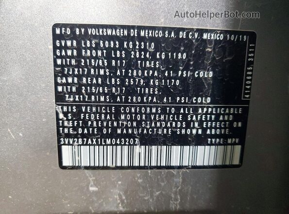 3VV2B7AX1LM043207 2020 VOLKSWAGEN TIGUAN Silver VIN კოდის სტიკერის ხედი