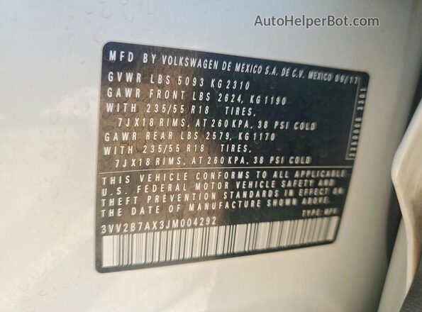 3VV2B7AX3JM004292 2018 VOLKSWAGEN TIGUAN White VIN sticker view