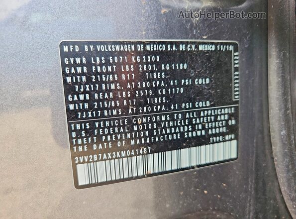 3VV2B7AX3KM041487 2019 VOLKSWAGEN TIGUAN Gray Вид наклейки з VIN-кодом