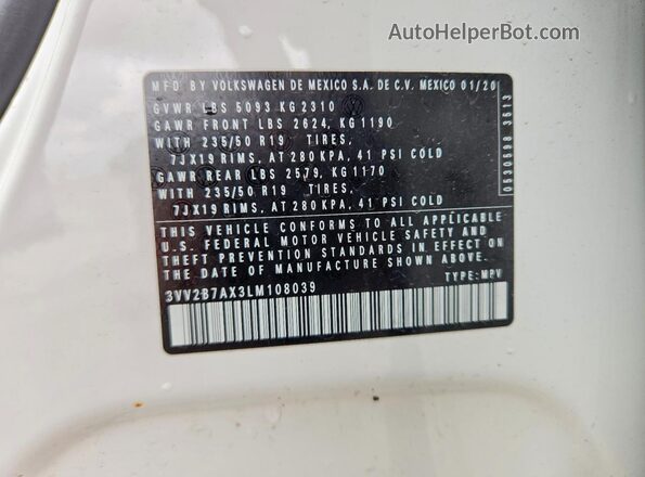 3VV2B7AX3LM108039 2020 VOLKSWAGEN TIGUAN Белый Вид наклейки с VIN-кодом