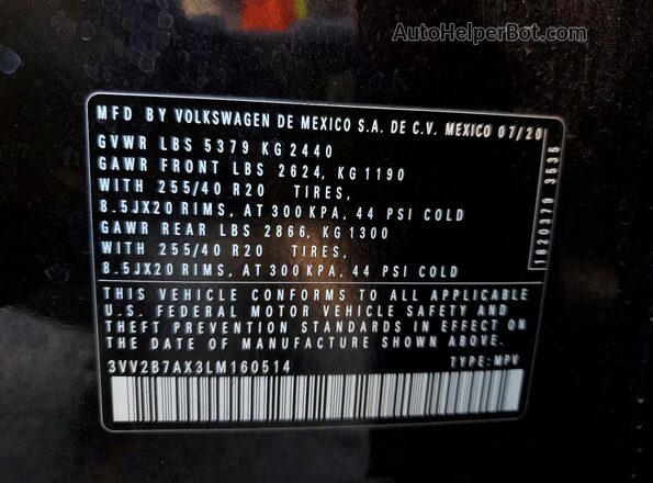 3VV2B7AX3LM160514 2020 VOLKSWAGEN TIGUAN Black Vista interior de 360 grados