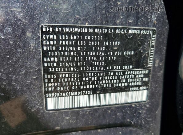 3VV2B7AX3MM097335 2021 VOLKSWAGEN TIGUAN Серый Вид наклейки с VIN-кодом