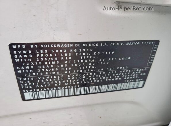 3VV2B7AX3NM043597 2022 VOLKSWAGEN TIGUAN Белый Панорамный вид салона 360°