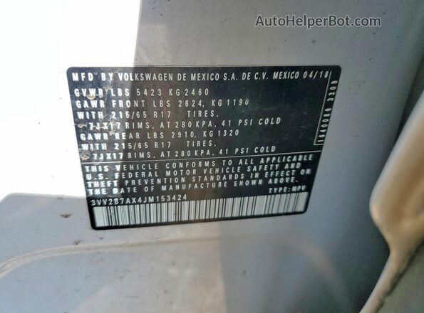 3VV2B7AX4JM153424 2018 VOLKSWAGEN TIGUAN Серебряный Вид наклейки с VIN-кодом