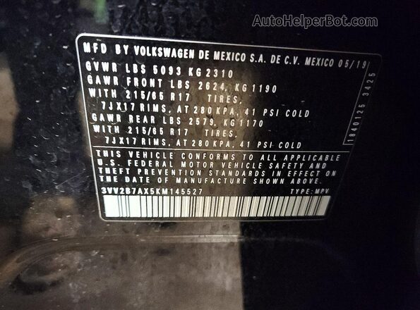 3VV2B7AX5KM145527 2019 VOLKSWAGEN TIGUAN Синий Панорамный вид салона 360°