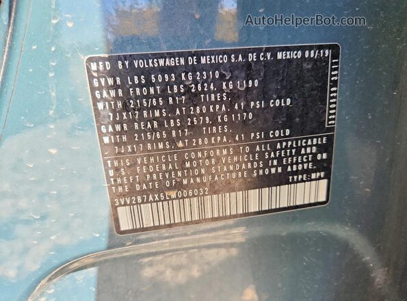 3VV2B7AX5LM006032 2020 VOLKSWAGEN TIGUAN Gray Vista de la etiqueta del VIN