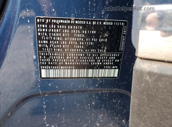 3VV2B7AX5LM063816 2020 VOLKSWAGEN TIGUAN Синий Вид наклейки с VIN-кодом